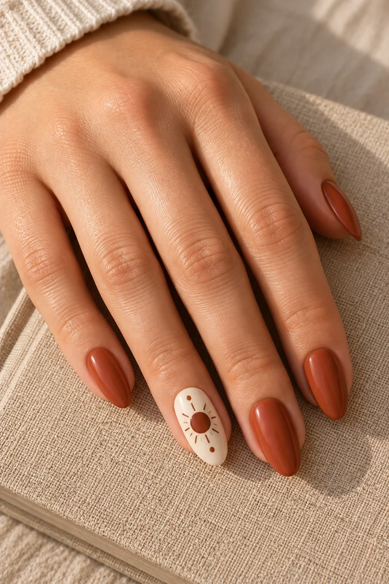 One cream almond nail with a brown sun and two dots beside solid terracotta nails on a linen book