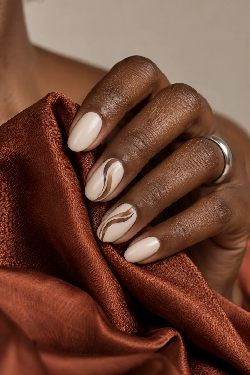 Cream nails with flowing cocoa and clay curves holding a rust silk scarf