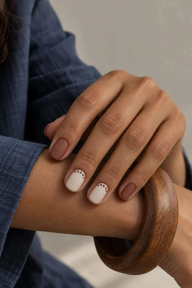Matte clay and cream nails with dotted cuticle arches beside a wooden bangle