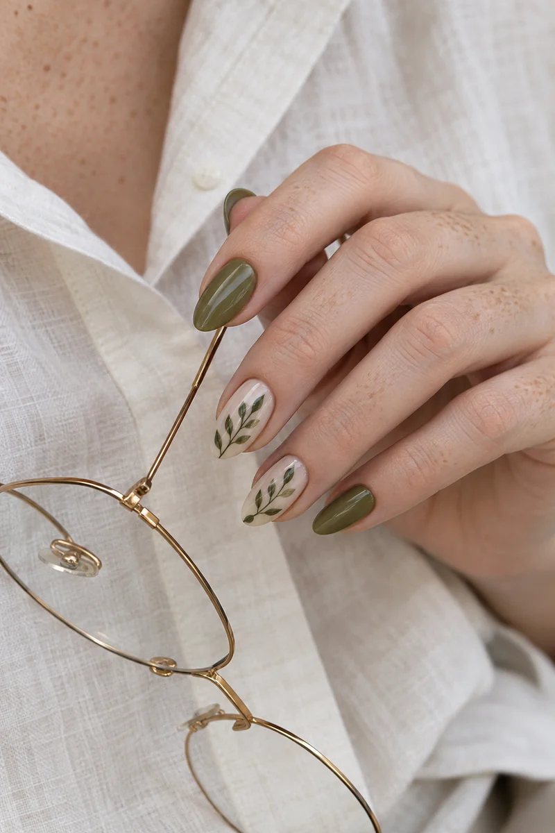 Olive and cream nails with painted leaf sprigs holding wire-frame glasses