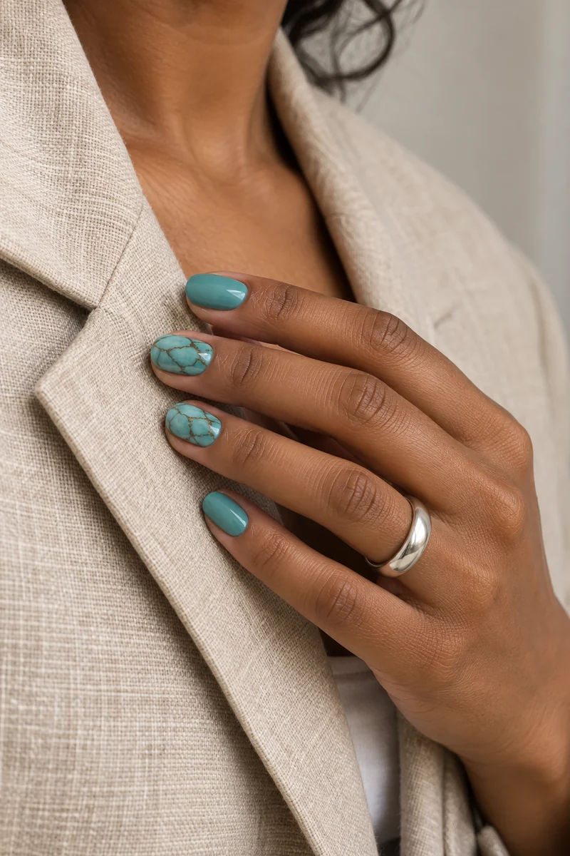 Turquoise nails with irregular brown stone-like veins touching a sand linen lapel