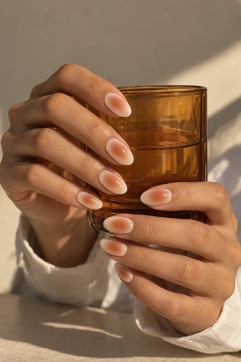 Milky oval nails with soft terracotta aura centers holding an amber glass