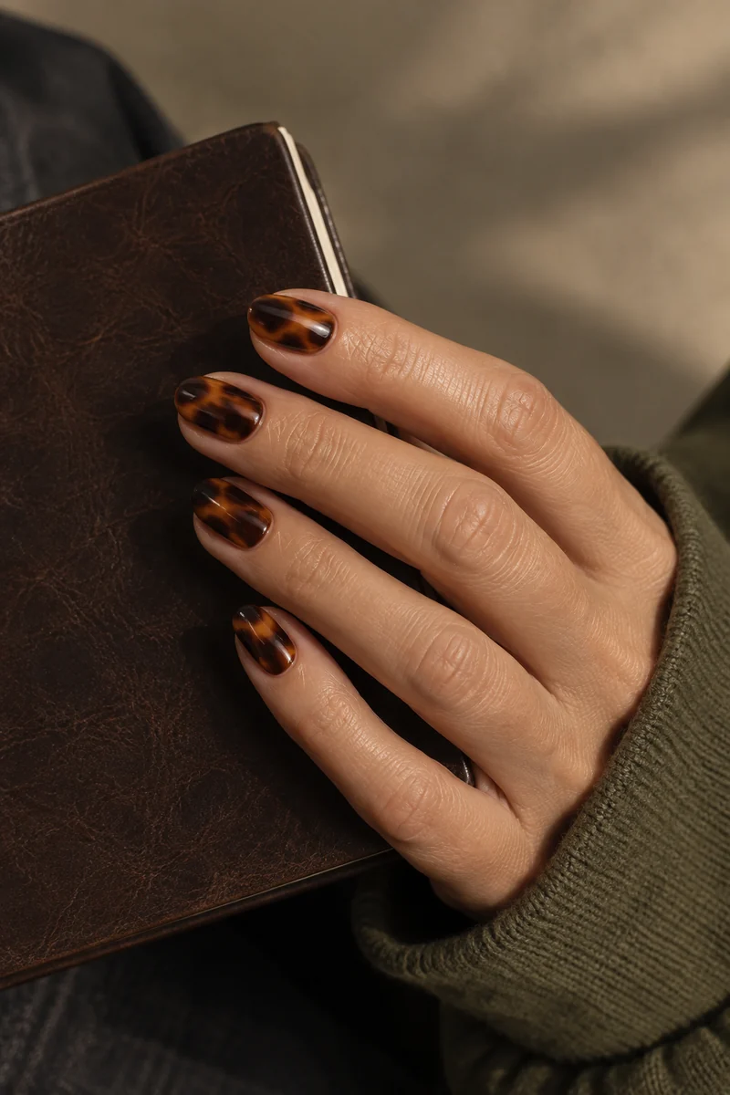 Amber and dark brown tortoiseshell nails holding an unlettered leather notebook