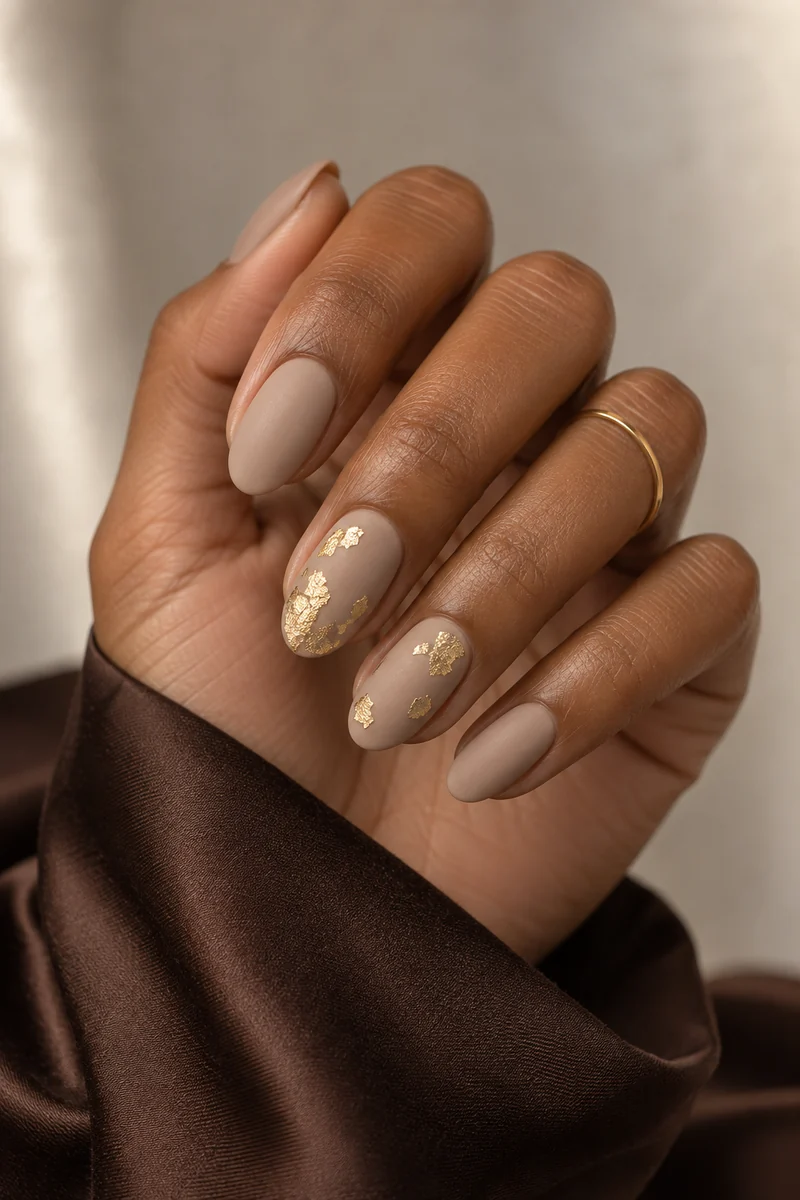 Matte sand nails with scattered gold foil on two accent nails above a chocolate sleeve
