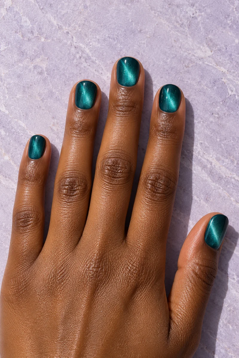 Short rounded teal velvet cat-eye nails on a brown hand against pale lilac stone