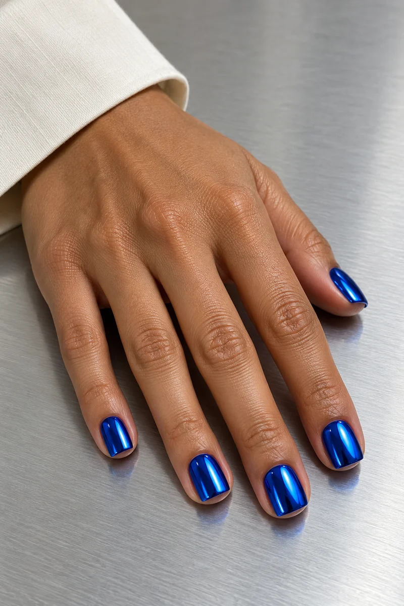 Short square cobalt-blue mirror chrome nails on a medium-toned hand resting on brushed metal