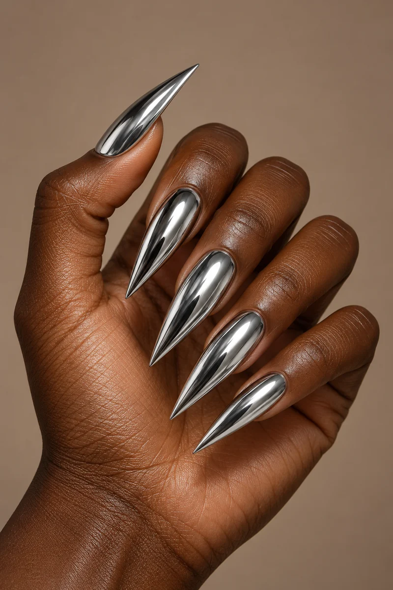 Long pointed stiletto nails covered in silver mirror chrome on a deep-brown hand