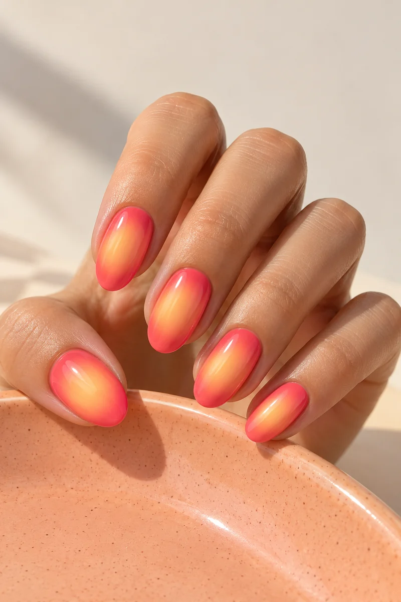 Medium oval nails with coral-pink edges and soft peach-yellow aura centres beside a peach ceramic tray