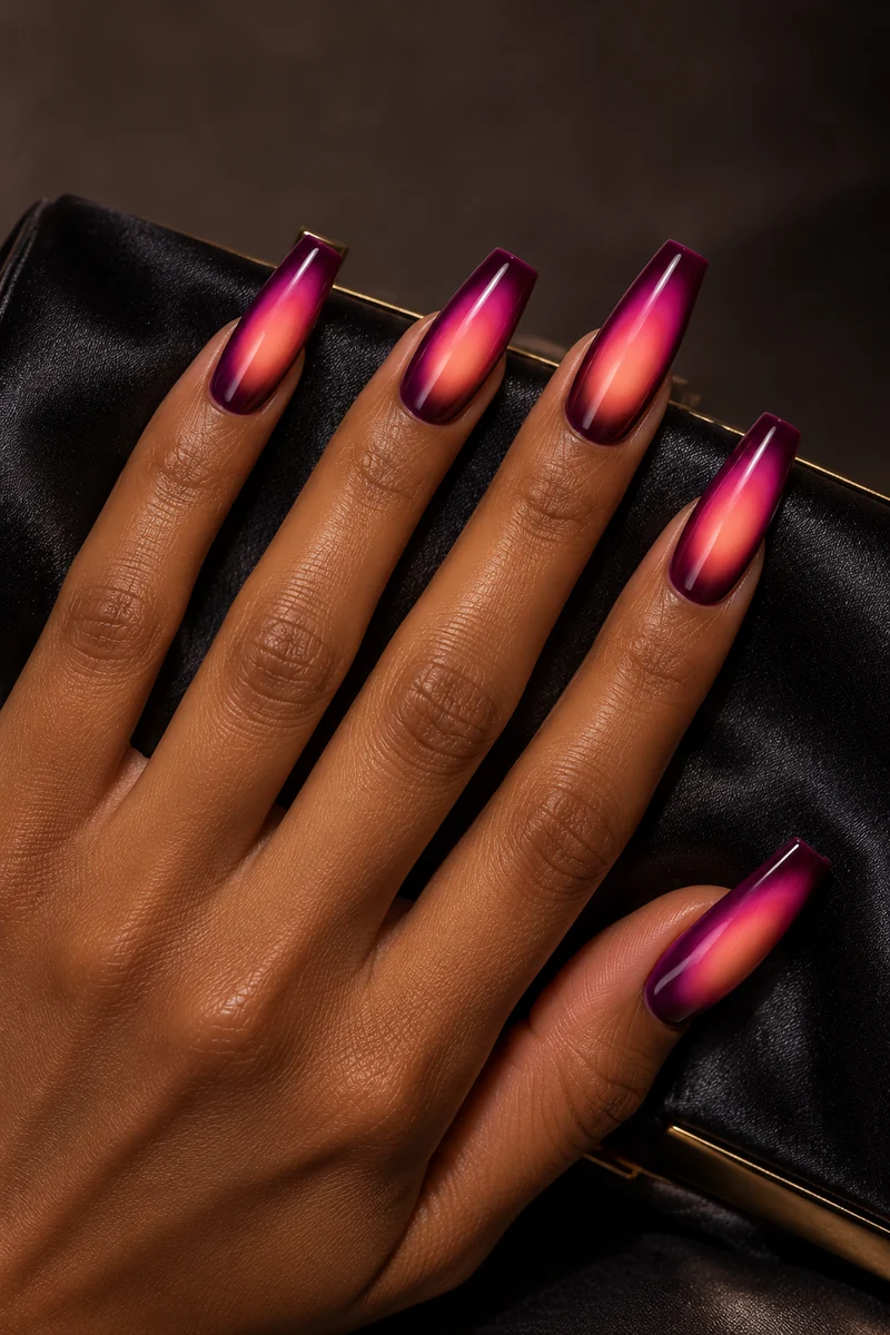 Long flat-tipped coffin nails with deep plum edges and elongated pink-apricot aura centres on a brown hand