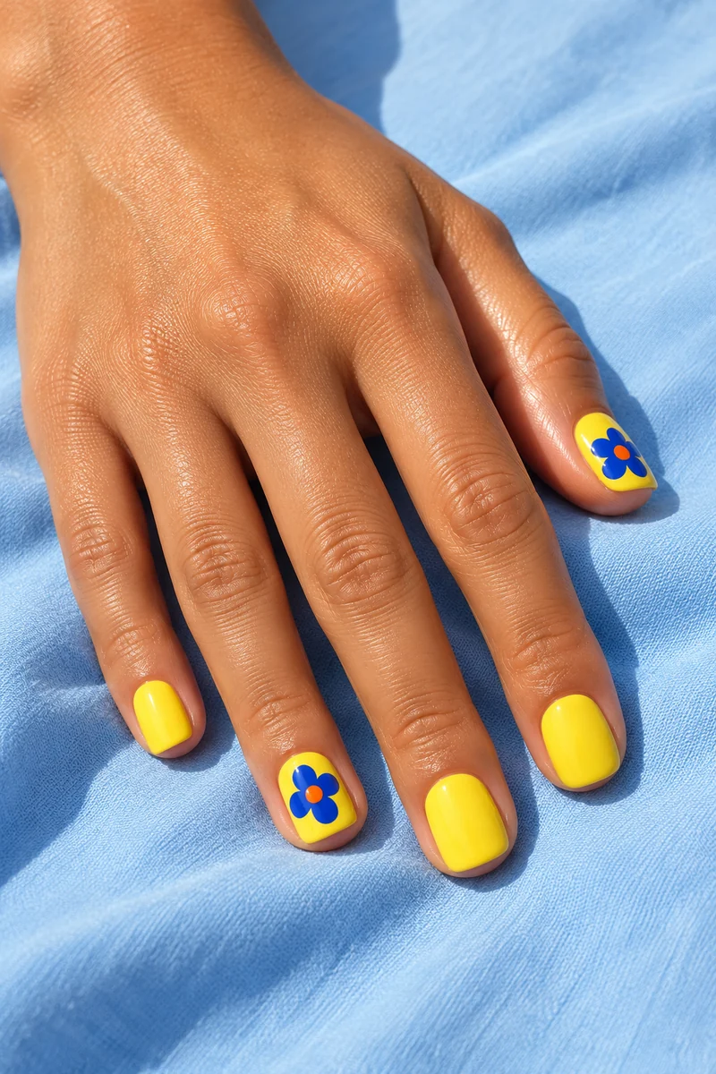 Short broad squoval yellow nails with large cobalt-blue flower accents on a golden-brown hand