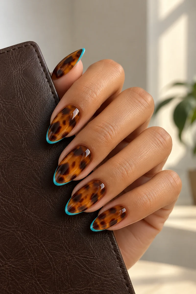 Glossy amber tortoiseshell almond nails with thin turquoise French edges beside a brown leather notebook