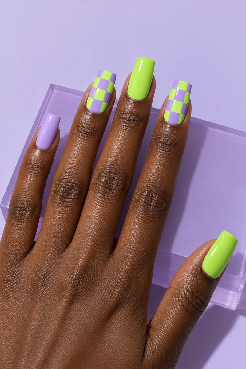 Long square lavender and lime nails with bold checkerboard accent nails on a deep-brown hand