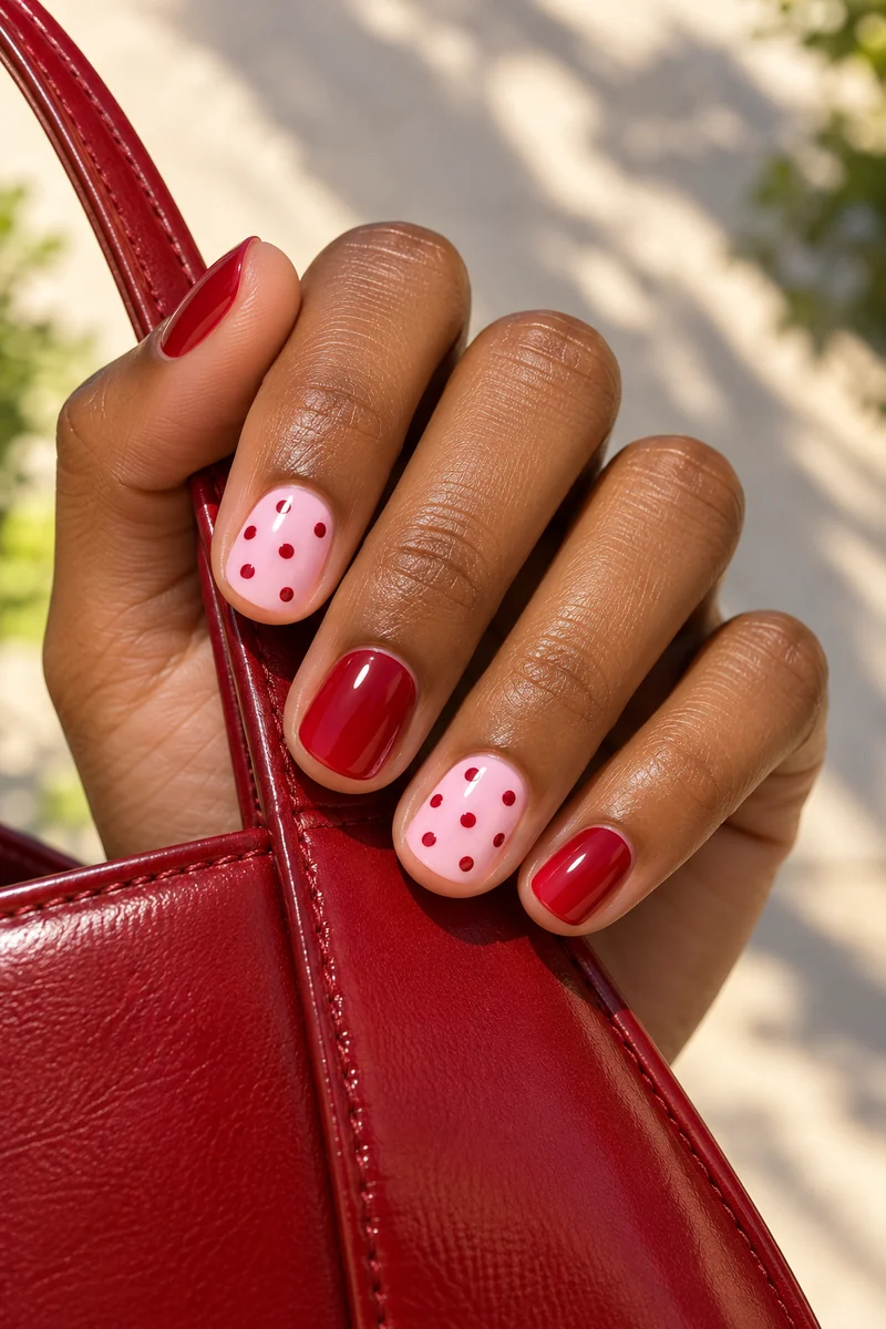 Short rounded cherry-red jelly nails mixed with pale-pink nails bearing red polka dots