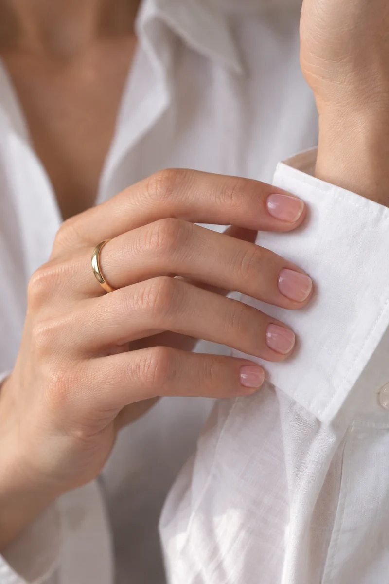 Short rounded blush nails adjusting a white shirt cuff beside a small gold ring
