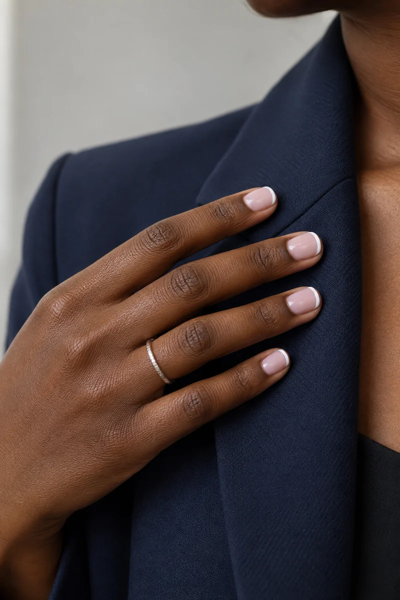 Very short soft-square nails with fine white French tips against a navy blazer