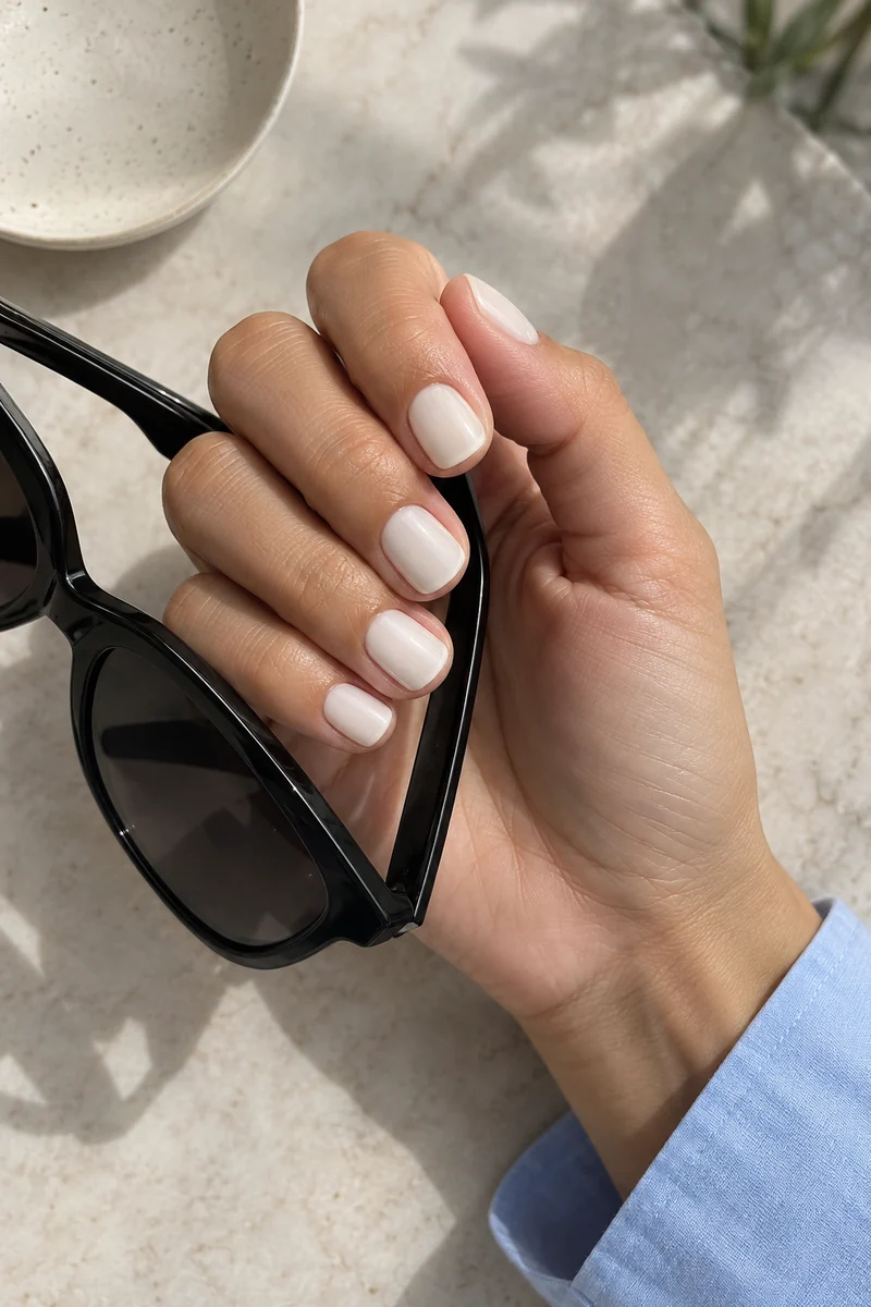 Short milky ivory soft-square nails holding black sunglasses beside a blue cuff