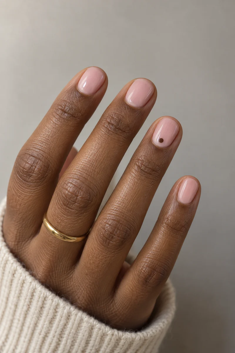 Short pink nails with one cocoa dot near the ring-finger cuticle above a cream knit cuff