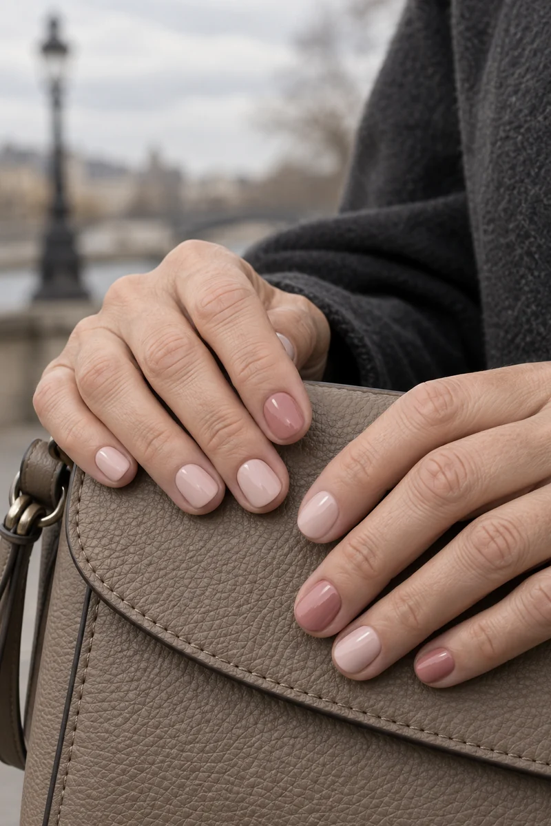 Two hands with short blush and dusty-rose nails resting on a taupe bag