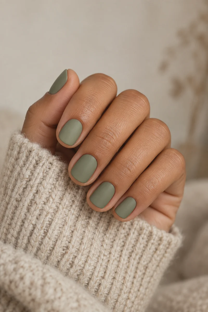 Short matte sage nails emerging from an oatmeal knit sleeve