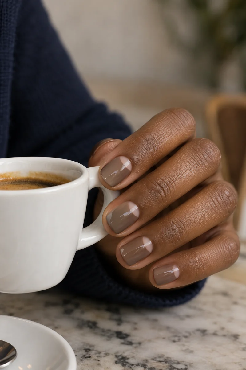 Short taupe nails with pale-pink half-moons holding a white espresso cup