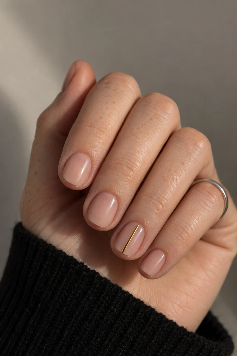 Short peach-pink nails with one narrow gold stripe on the ring nail beside a black sleeve