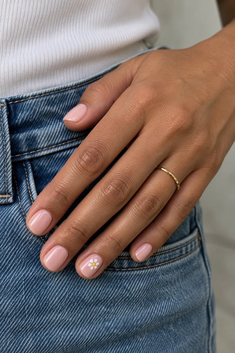 Short blush nails with one small white daisy and yellow center beside blue denim