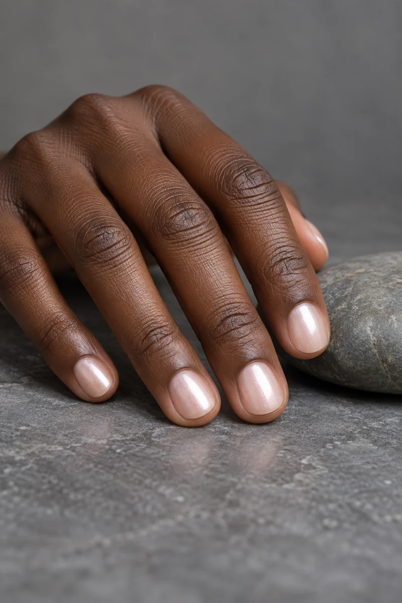 Short rounded nails with a soft pink pearl sheen beside a grey stone