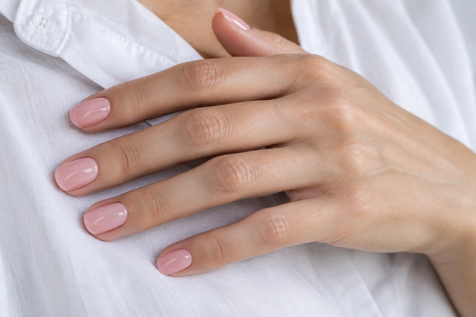 Short rounded nails with sheer blush polish resting on a crisp white shirt