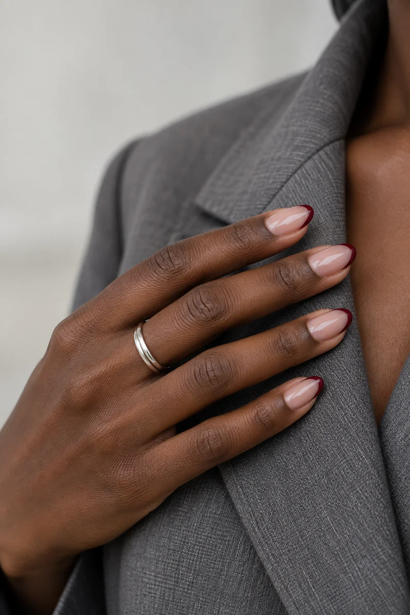Sheer neutral oval nails with slim wine red tips touching a gray blazer lapel