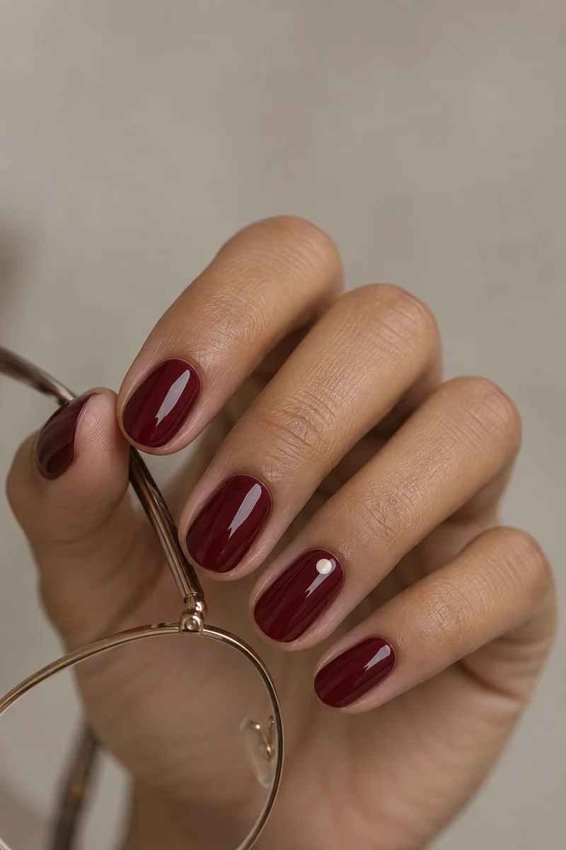 Glossy wine nails with one cream dot on the ring nail beside thin-framed glasses