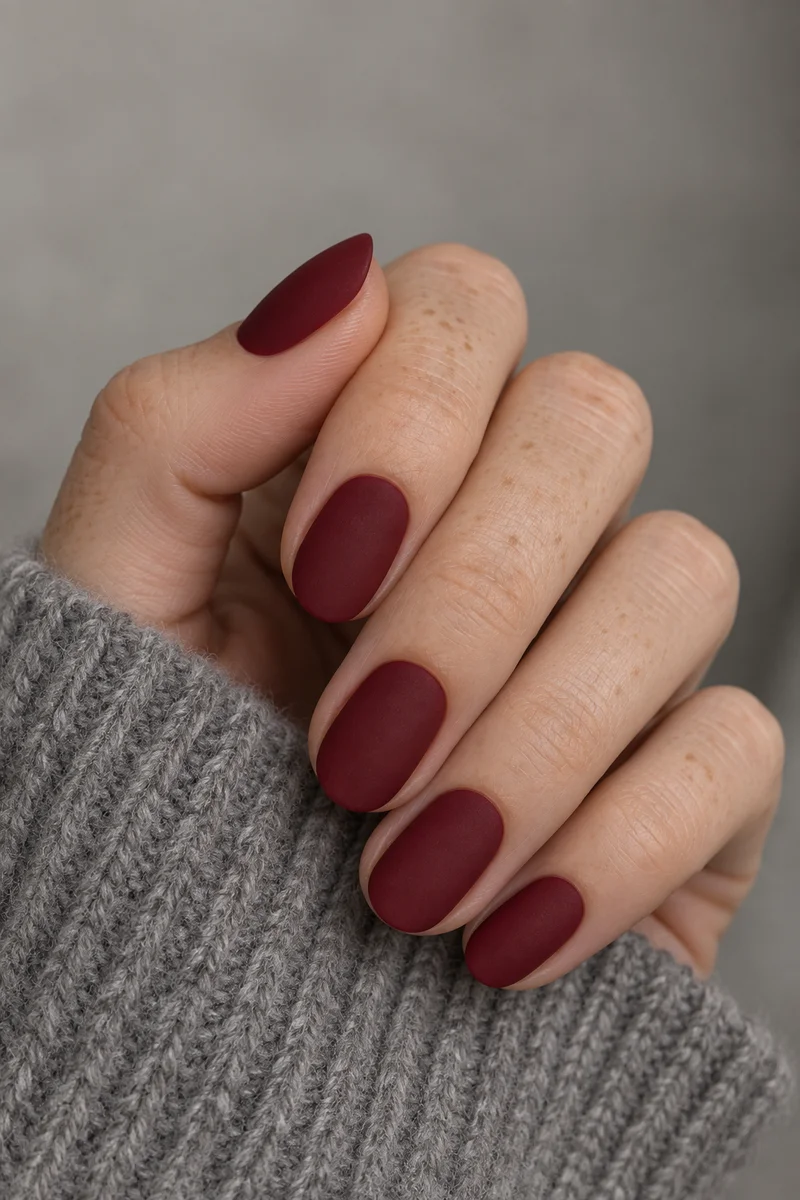 Matte wine oval nails emerging from a gray knit cuff