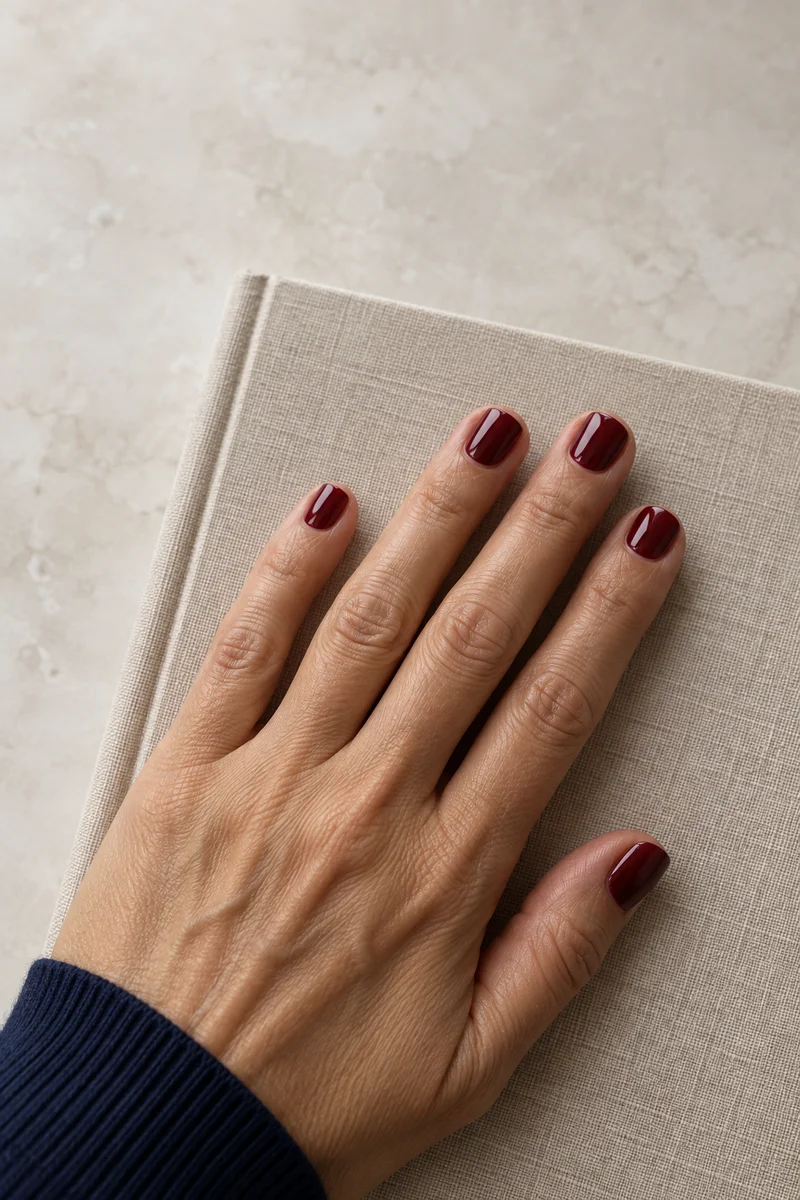 Very short glossy wine nails with straight tips and softened corners on a mature hand