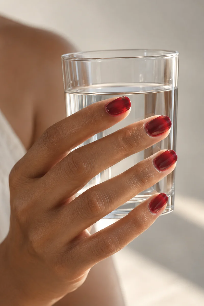 Translucent wine jelly nails around a clear glass, with light passing through the free edges