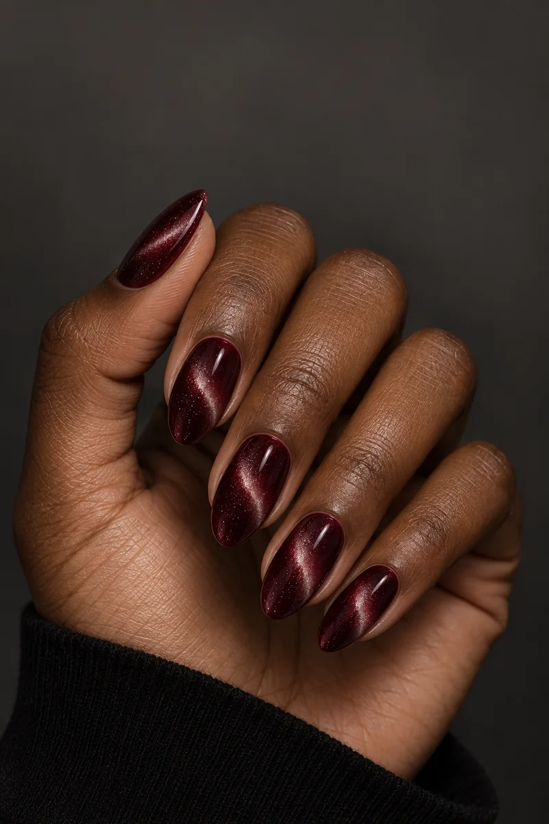Deep wine almond nails with a diagonal luminous magnetic band
