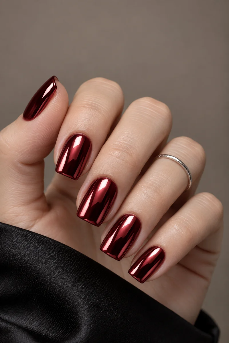 Metallic wine nails reflecting bright and dark light panels beside a black satin cuff