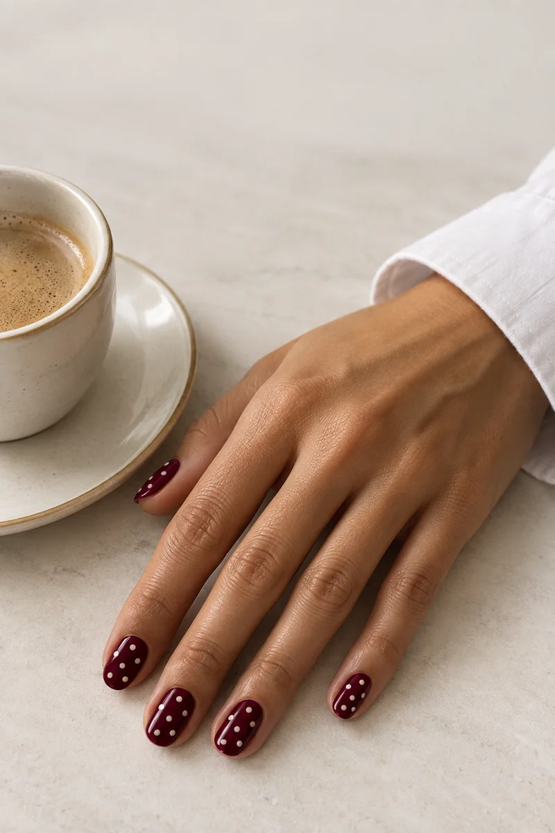 Burgundy oval nails with multiple small cream polka dots beside a saucer